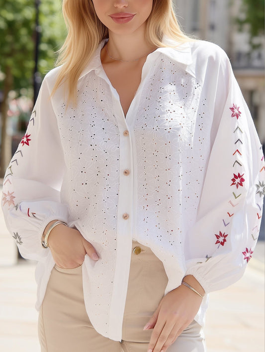 Embroidered Eyelet Shirt ??Balloon Sleeve Vintage Blouse