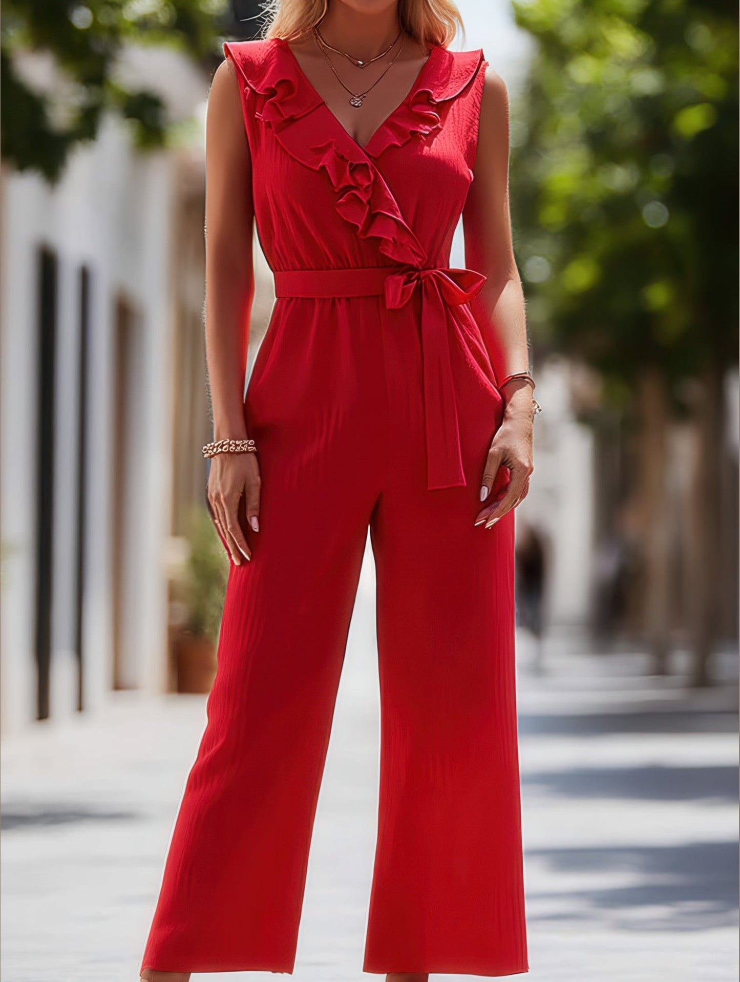 Ruffle V-Neck Sleeveless Belted Jumpsuit ??Elegant Solid Color Women's Jumpsuit