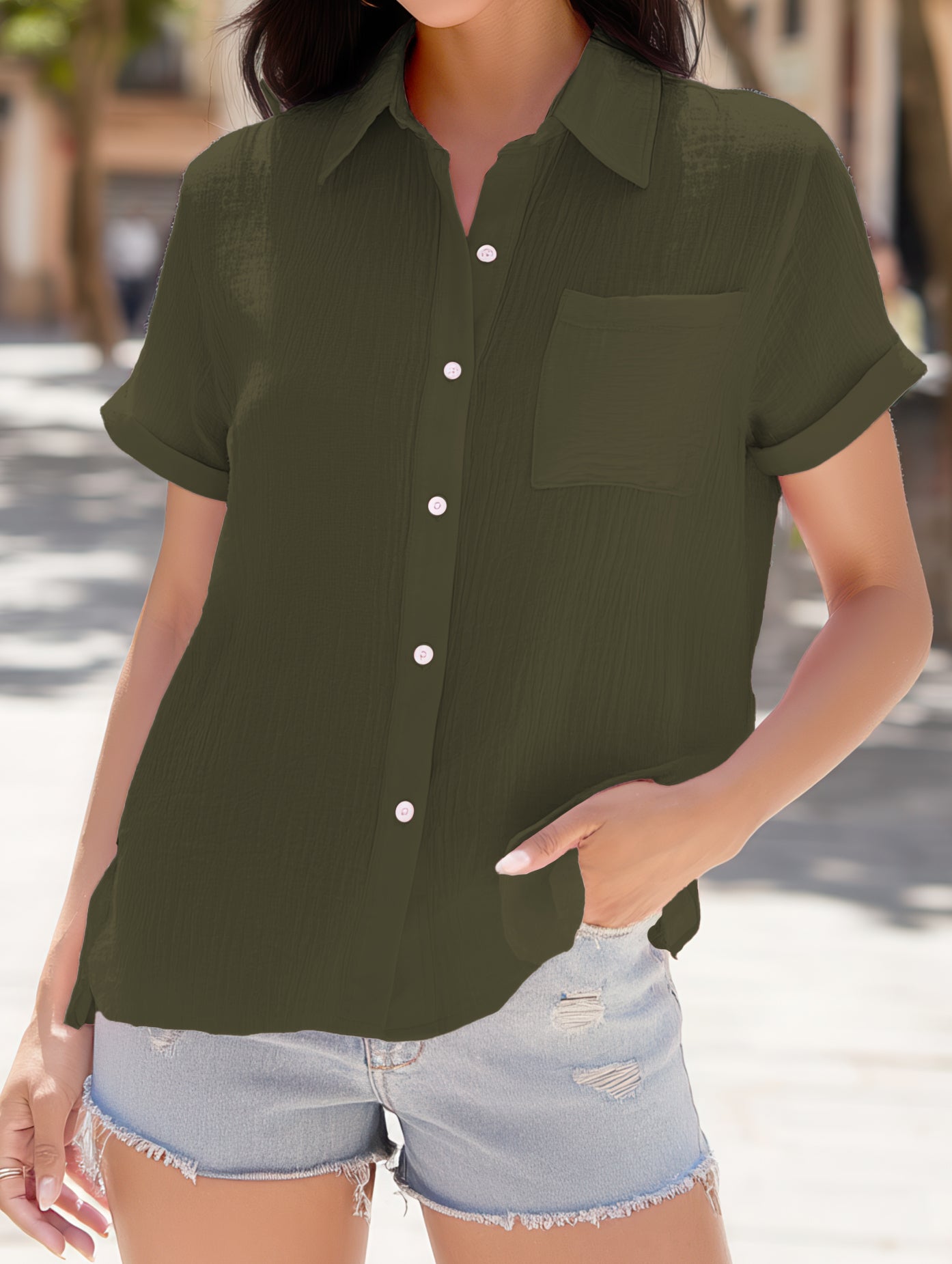 COTTON LINEN SIDE SLIT POCKET SHORT SLEEVED SHIRT_CWTDSS0015