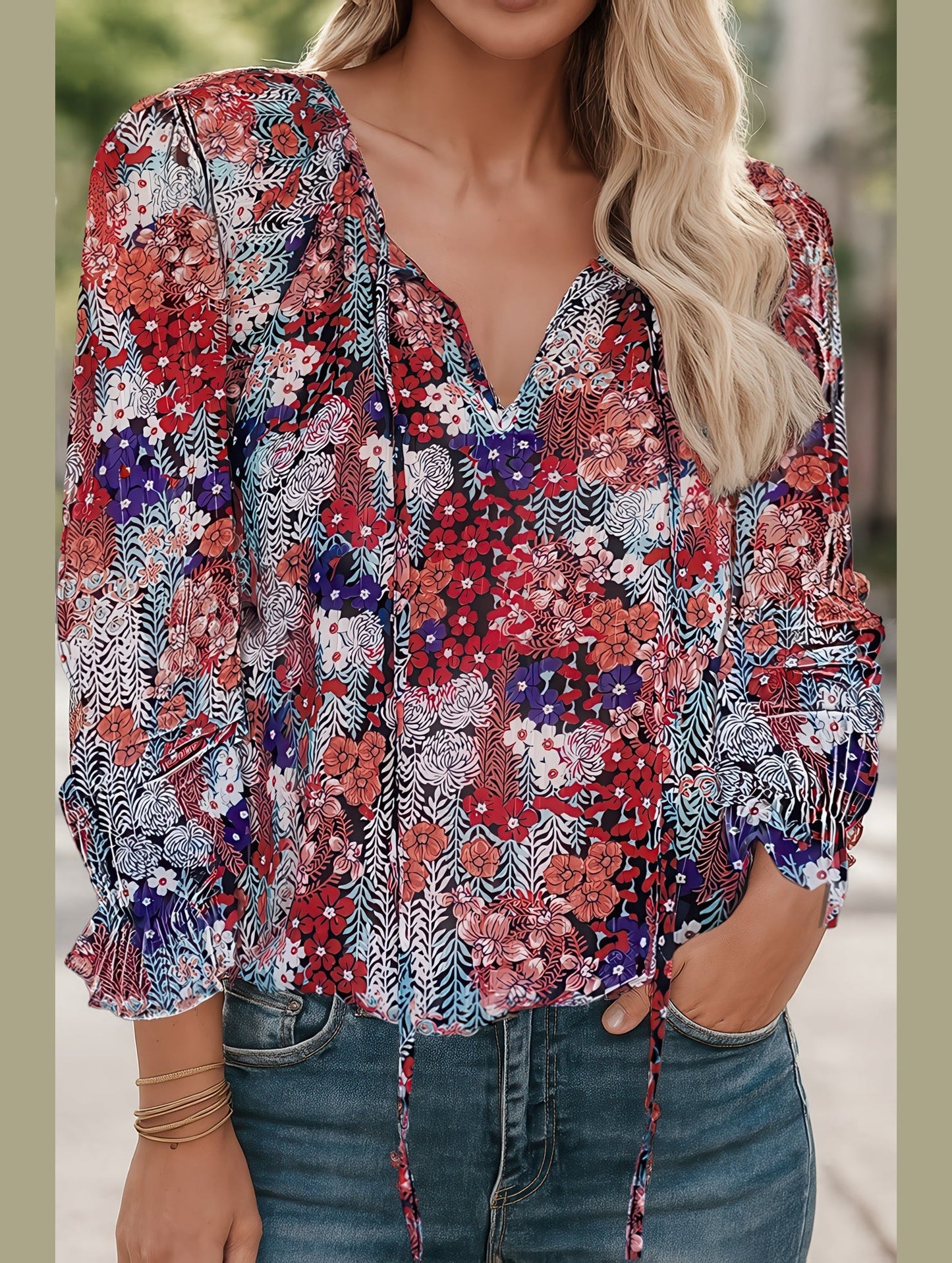 Floral Printed V-Neck Shirt ??Lightweight Elegant Women's Top