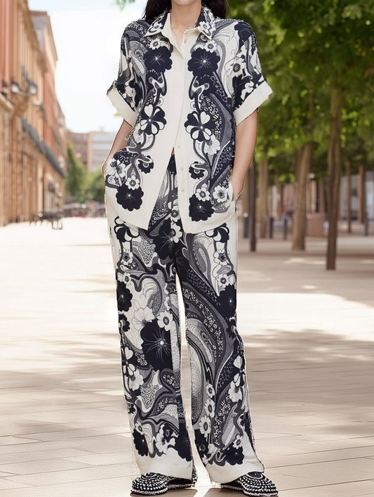 Vintage Print Linen Shirt and Pants Set ??Summer Casual Two-Piece