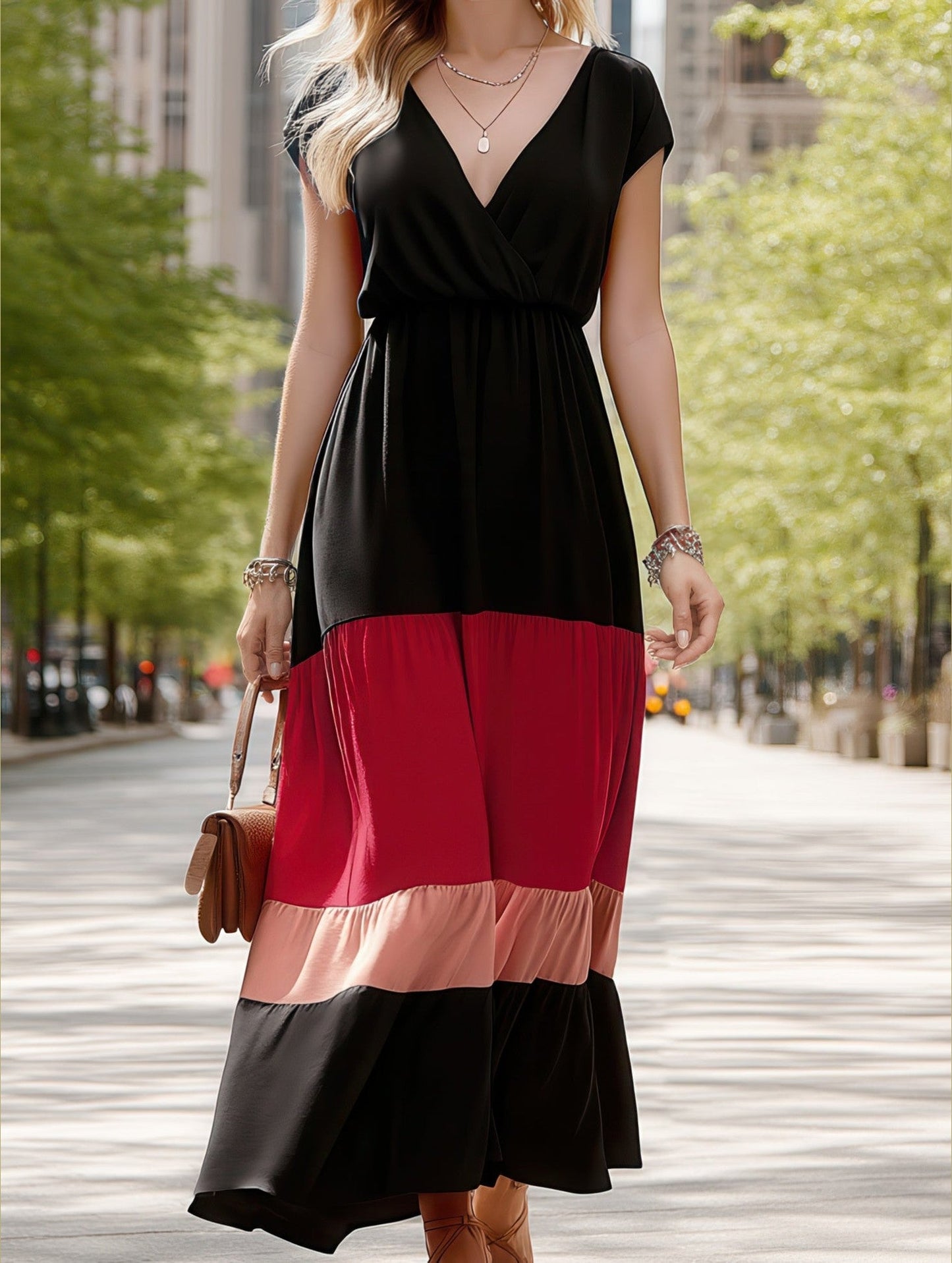COLOR-CODED SHORT-SLEEVED V-NECK LONG-WAIST DRESS