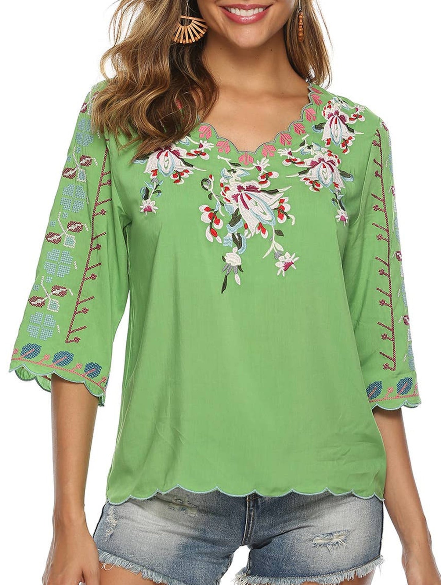 COTTON V-NECK FLORAL EMBROIDERED TOP_CWTBLL0824